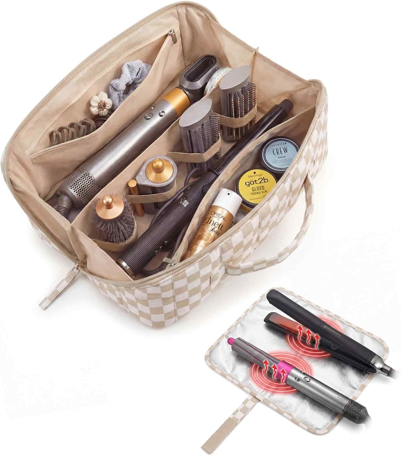 Hair Tool Organizer Travel Bag - Compatible with Dyson Airwrap & Shark Hair Dryer | Heat Resistant Mat, Black