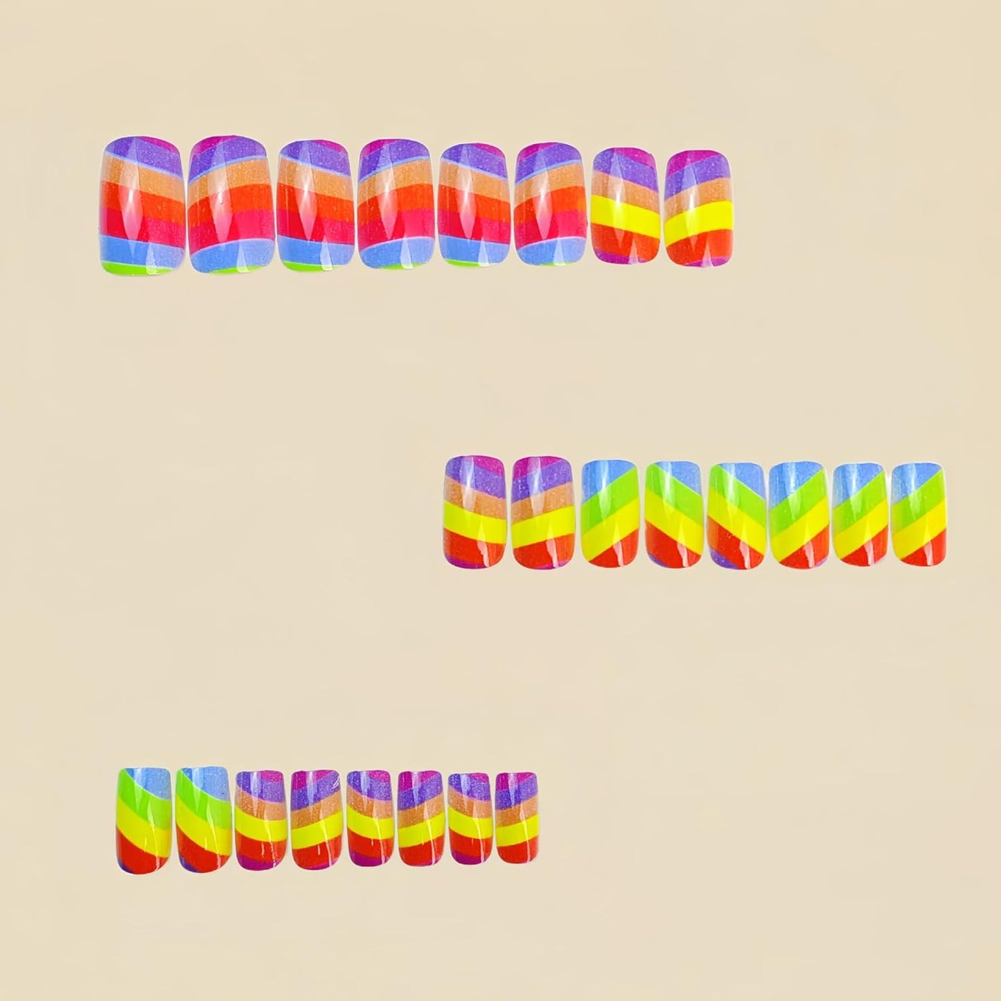 Rainbow Press On Nails - Medium Square Acrylic Nails with Colorful Stripes | 24 Pcs Full Cover Summer Design