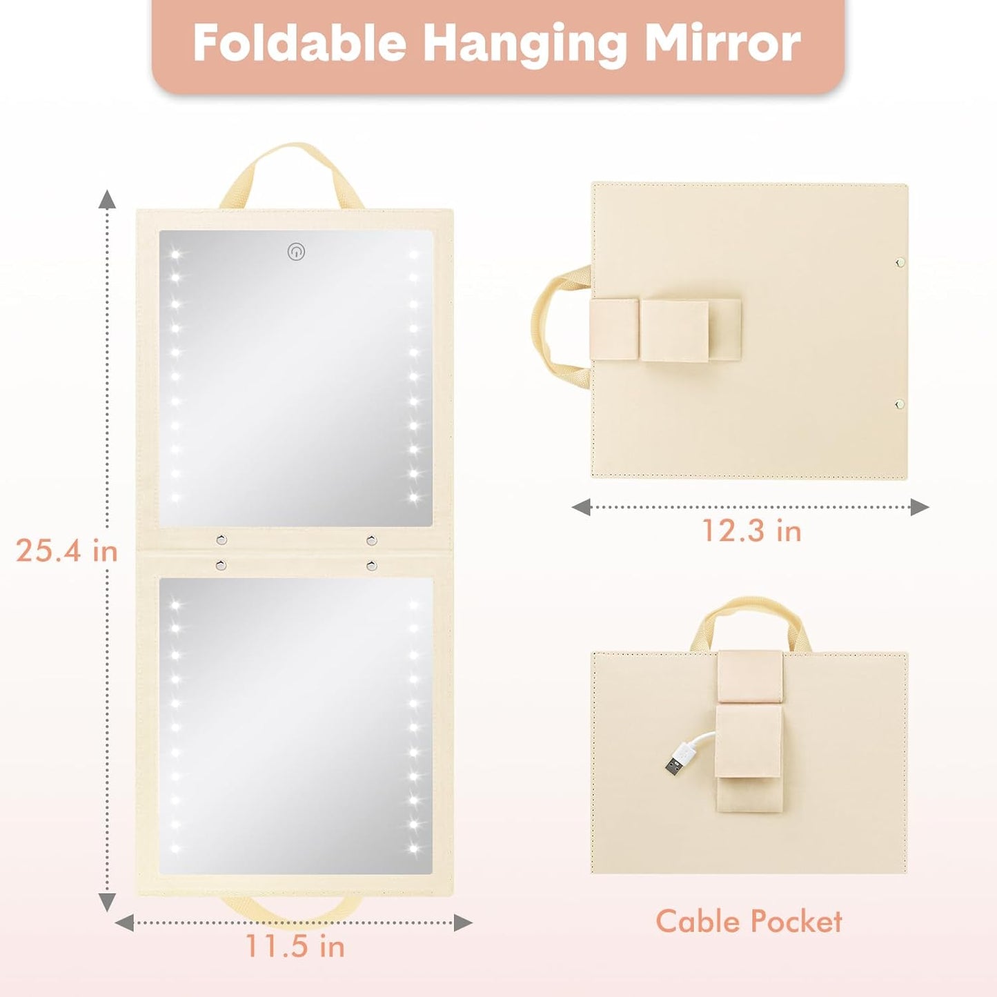 Lighted Hanging Mirror - Rechargeable LED Full Length Mirror for Dancers | Portable & Adjustable Brightness, Beige