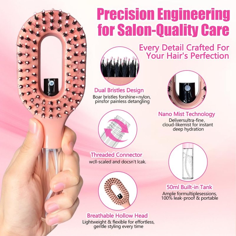 2-in-1 Hair Brush with Water Spray - Wet & Dry Detangler for Wavy & Straight Hair | 50ml Reservoir, Anti-Frizz