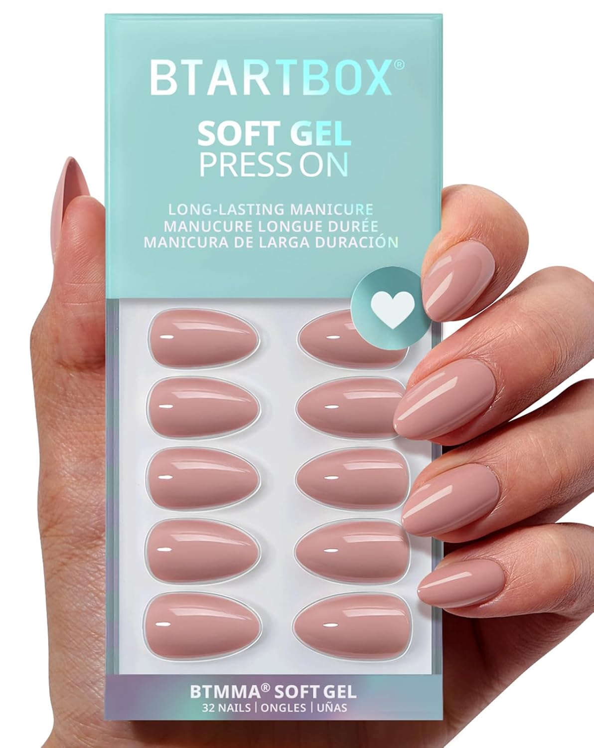 Press On Nails - Almond Shape Pastel Baby Pink Short Nails | Opaque Soft Gel, 32-Piece Kit in 16 Sizes