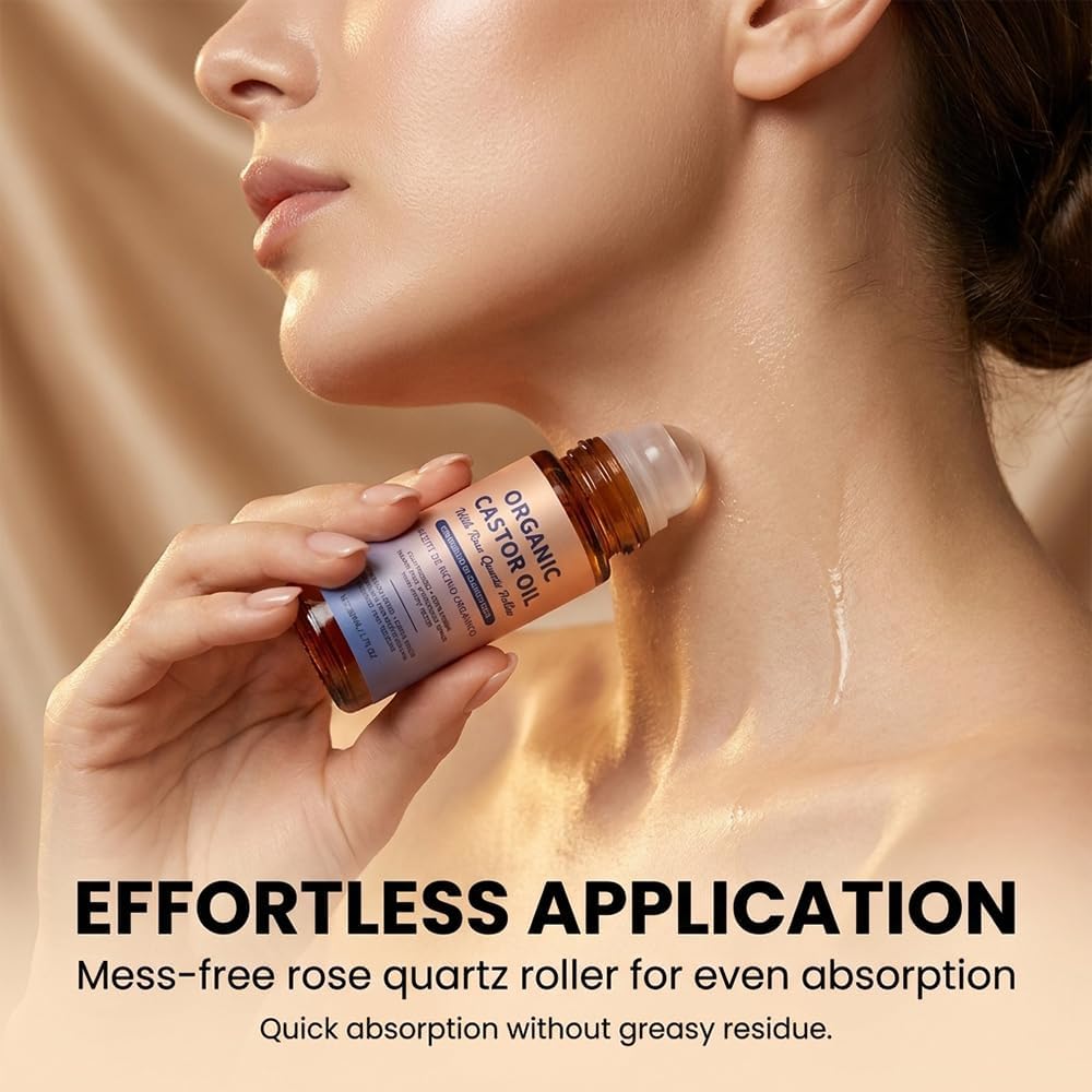 Organic Castor Oil Roll-On with Rose Quartz Roller - 100% Cold Pressed Moisturizer for Face & Body, 1 Pc