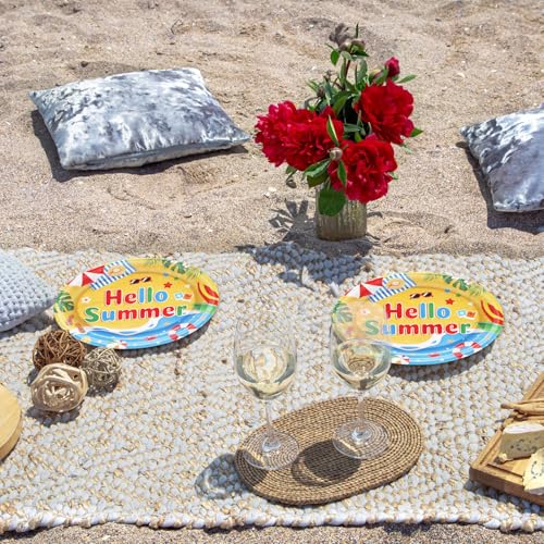 Hello Summer Oval Paper Plates - 50 Pack, 9" x 11" Disposable Beach Party Plates