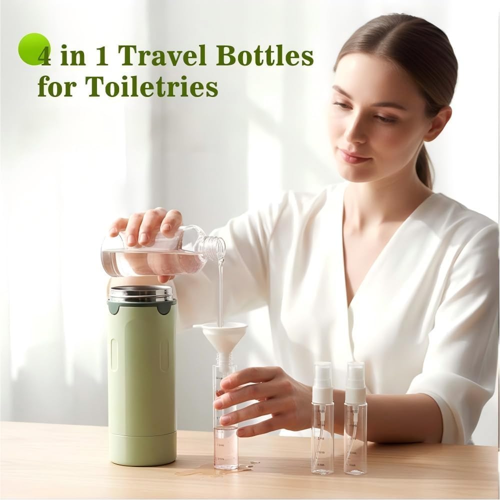 4 in 1 Travel Dispenser Bottle - Refillable Leak-Proof Toiletry Containers | Transparent Green with Scale & Label