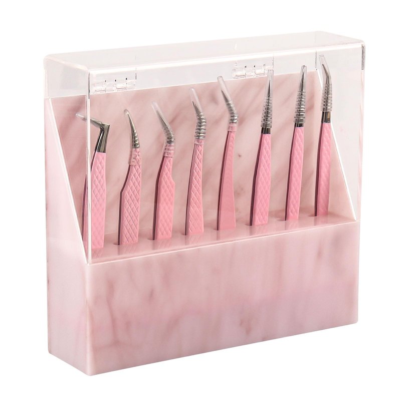 Mekupeu 8 Holes Dust proof Tweezer Storage Rack,Acrylic Tweezer Display Stand Holder Eyelash Extension Supplies Lash Accessories Tools (Marble Pink)