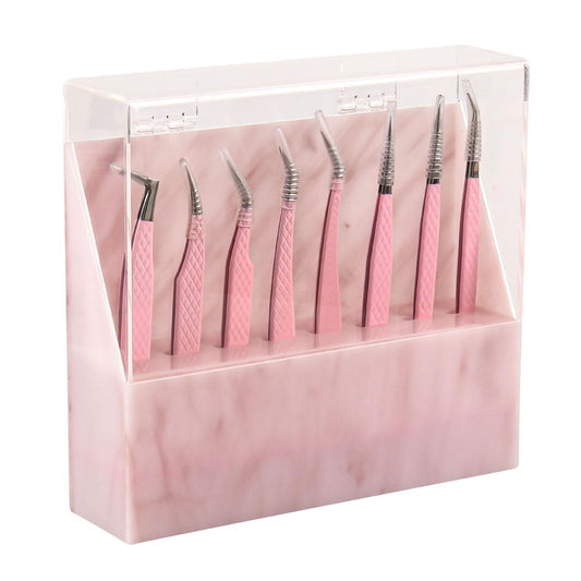 Mekupeu 8 Holes Dust proof Tweezer Storage Rack,Acrylic Tweezer Display Stand Holder Eyelash Extension Supplies Lash Accessories Tools (Marble Pink)