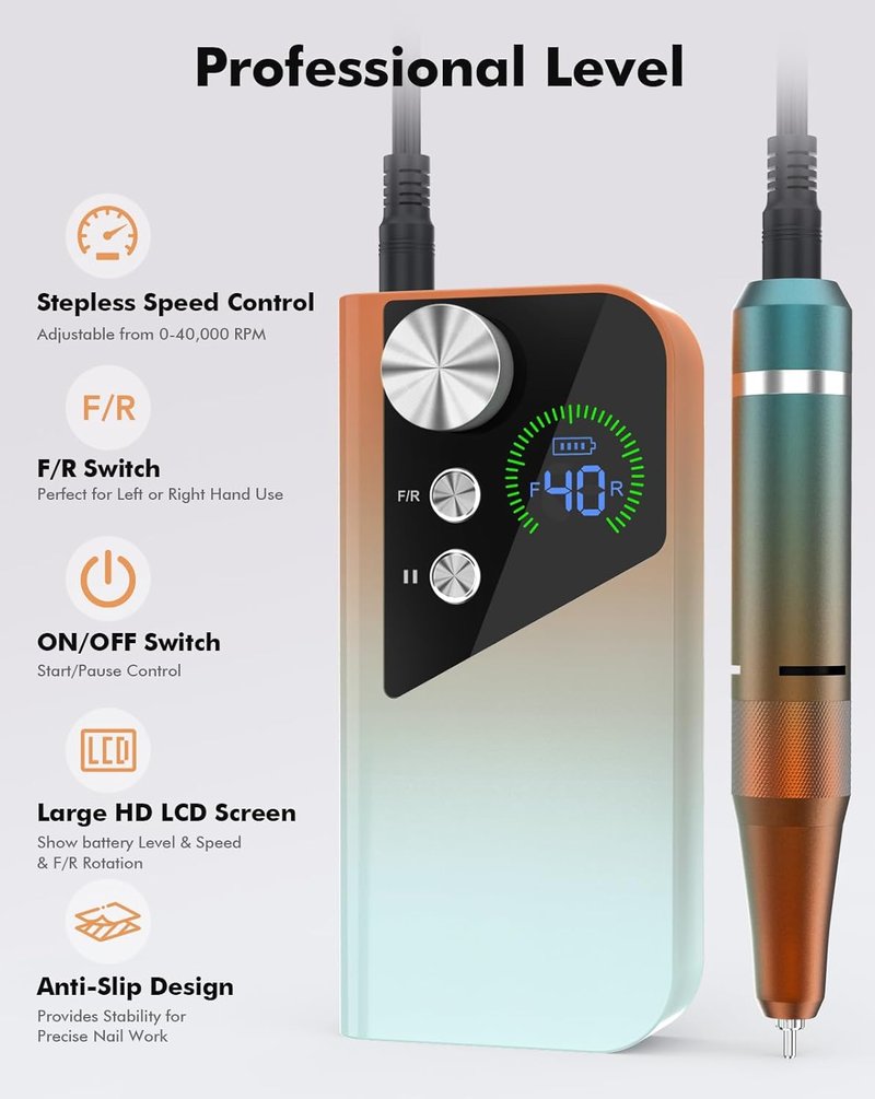 HOMEASY Nail Drill 40000RPM - Professional Rechargeable E-Filer for Acrylic & Gel Nails | Large HD LCD Screen - M96 Orange