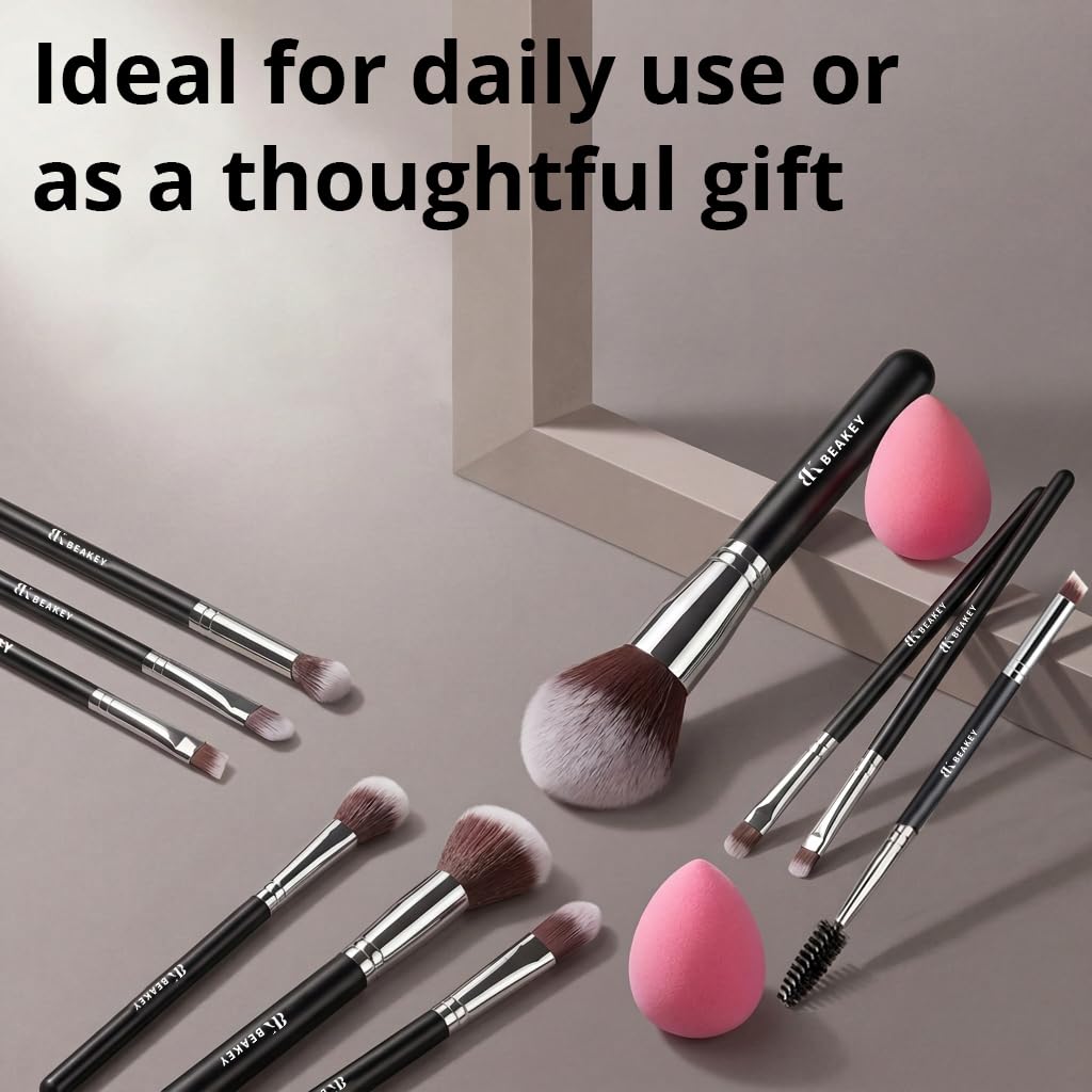 BEAKEY Makeup Brushes Set - Professional Foundation, Eyeshadow & Blush Applicators with 2 Blender Sponges | Beauty Paper Case