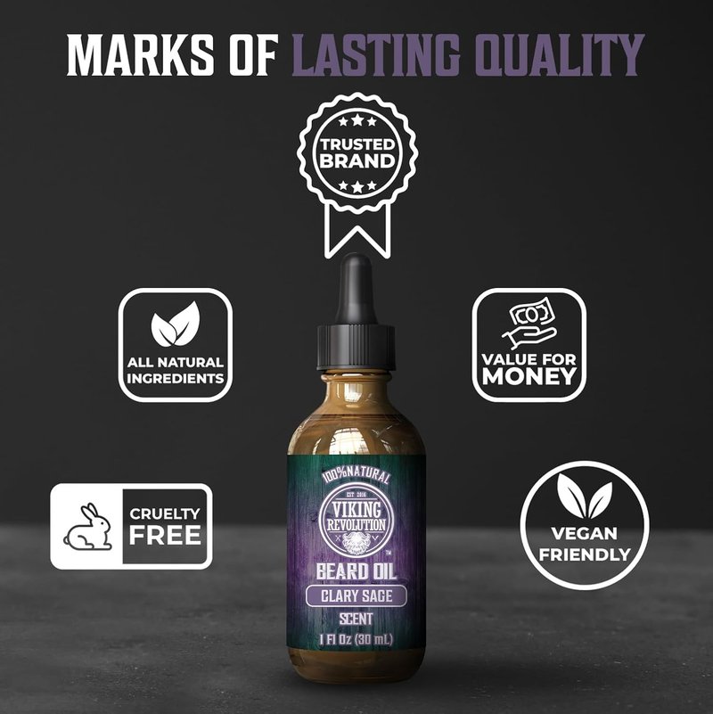 Viking Revolution Beard Oil with Clary Sage for Men - Natural Blend with Argan and Jojoba Oils for Softening, Strengthening, and Moisturizing