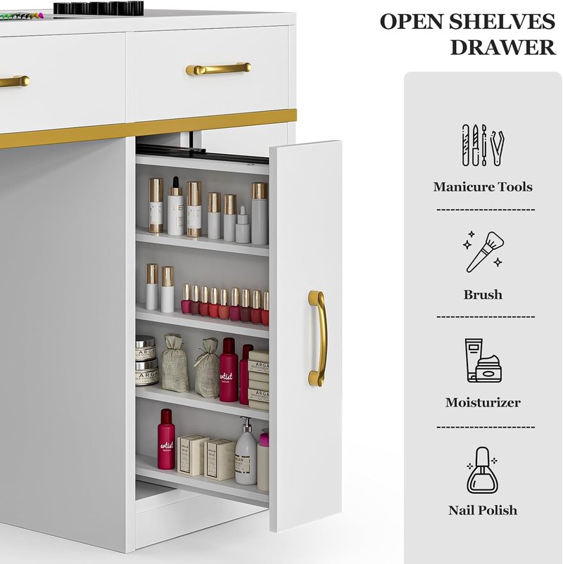 Nail Tech Table - Glass Top Manicure Desk with Dust Collector, 7 Drawers & 3-Tier Shelves | White Finish