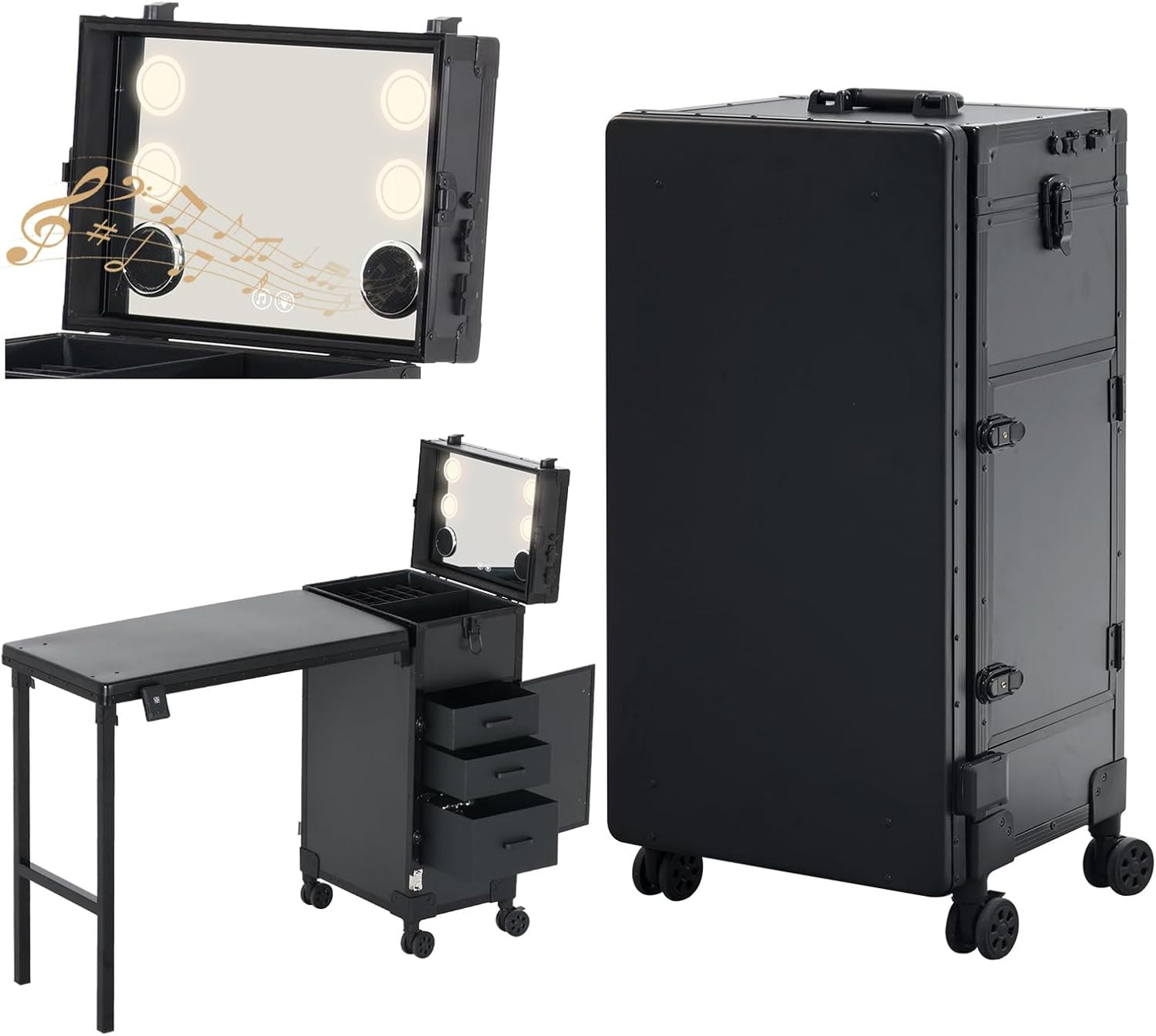 Portable Nail Desk - Foldable Manicure Table with 3 Drawers & Mirror | Mobile Nail Tech Workstation with Wheels, Black