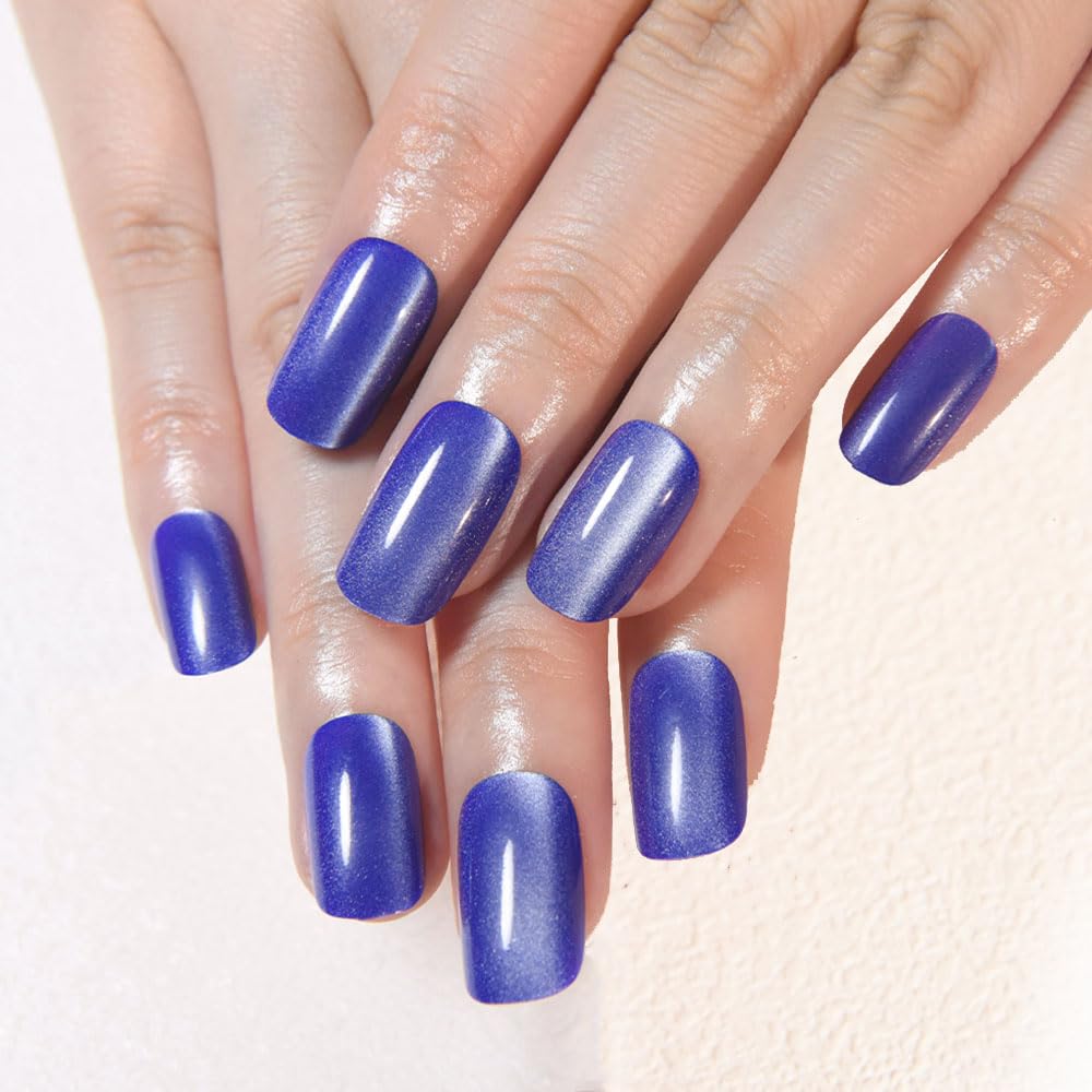 Aqua Blue Cat Eye Press-On Nails - Medium Square Chrome Design | Holographic Glitter Gel Acrylic Reusable