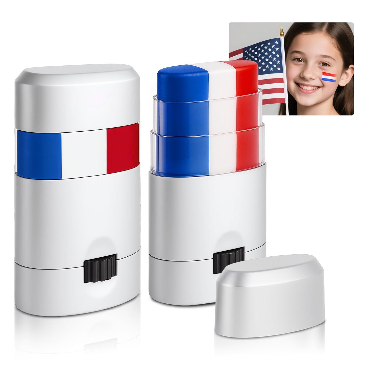 2PCS Red White and Blue Face Body Paint Sticks- Patriotic Pride 4th of July Accessories for Women, Eye-Black Stick Baseball Softball Sports Makeup, Fourth of July USA Accessories for Independence Day
