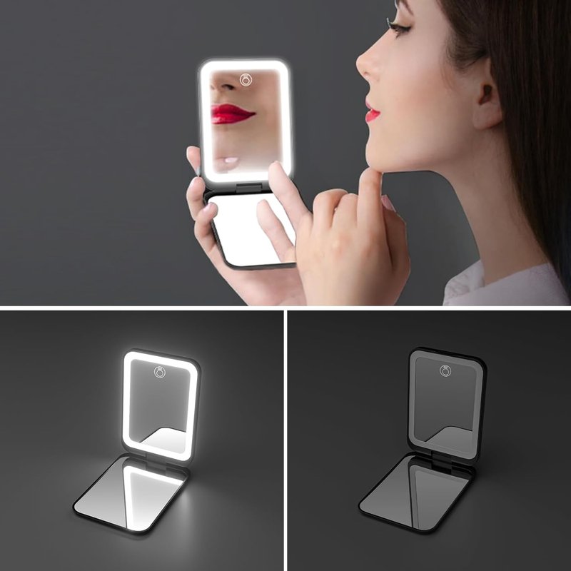 Kintion Pocket Mirror - Rechargeable Dimmable 3 Color LED Lighting | Compact Travel Makeup Mirror for Women - Black