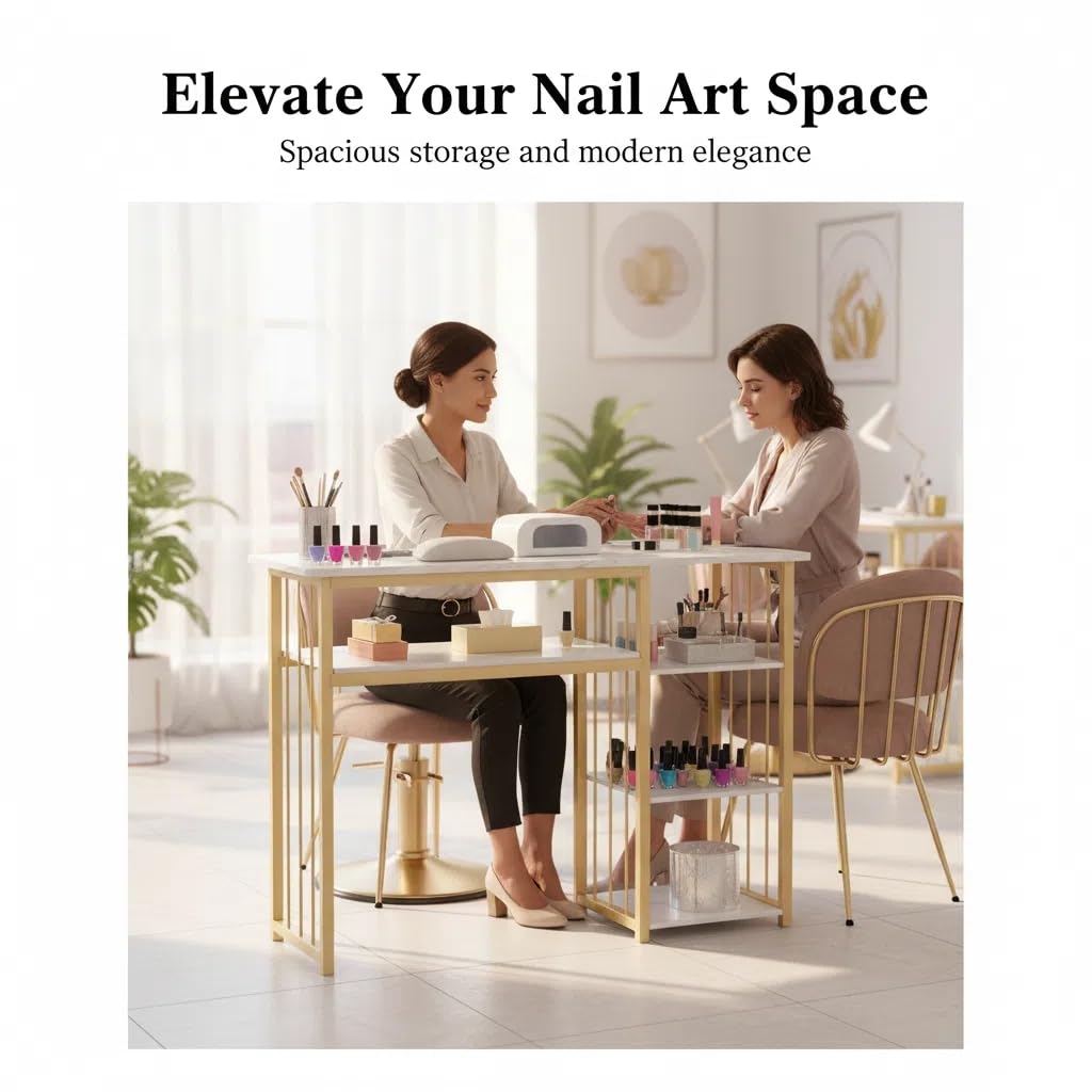 Mehisir Nail Desk with 3-Tier Shelves, Modern Manicure Table Luxury Heavy Duty Nail Table with Marble Top Gold Frame Multipurpose Nails Tech Desk for Beauty Salon Spa White White