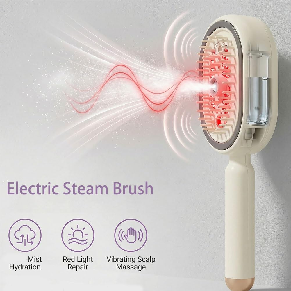 Electric Spray Air Cushion Massage Comb - 3-in-1 Rechargeable Steam Hair Brush, Detangling and Anti-Static Water Mist Brush for Frizz Reduction and Scalp Care (Beige)