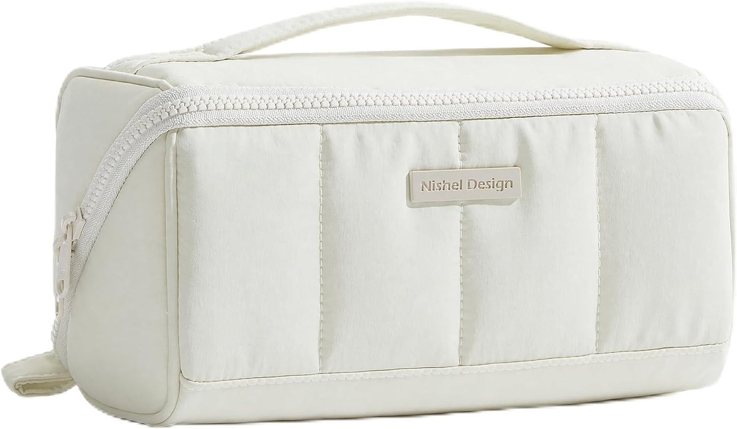 Travel Makeup Bag for Women - Fluffy Lightweight Open Flat Organizer | Multiple Dividers, Beige