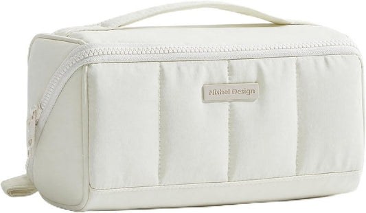 Travel Makeup Bag for Women - Fluffy Lightweight Open Flat Organizer | Multiple Dividers, Beige