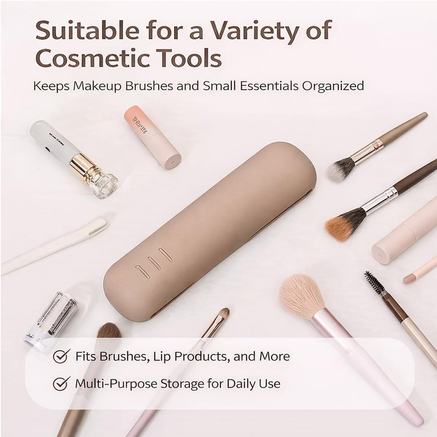 Silicone Makeup Brush Holder - Magnetic Closure Travel Bag with Built-In Cleaner | Portable Cosmetic Organizer - Khaki
