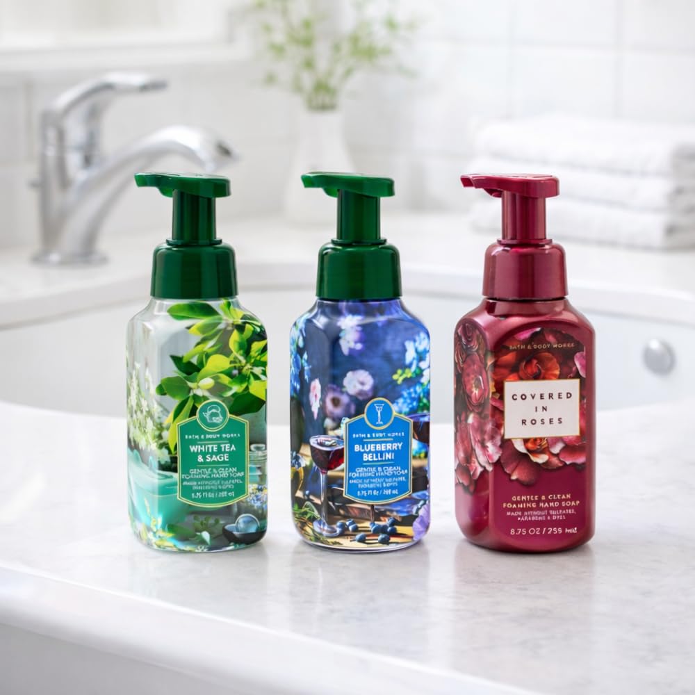 Gentle & Clean Foaming Hand Soap Bundle - White Tea & Sage, Blueberry Bellini, Covered in Roses | 8.75 fl oz Each - Fresh Fruity & Floral Scents