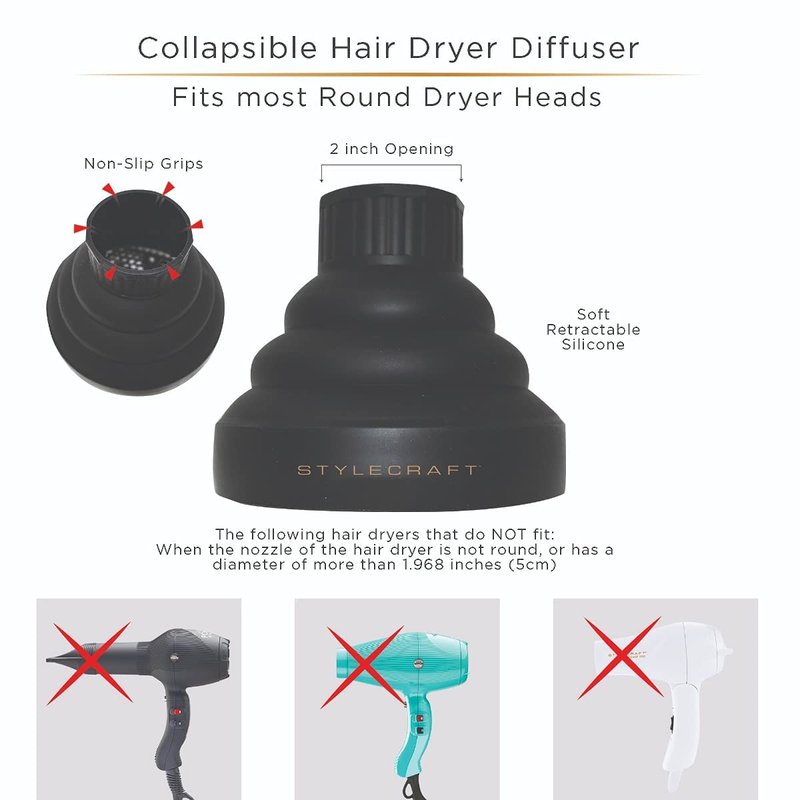 StyleCraft Professional Collapsible Hair Dryer Diffuser, Heavy Duty Design Fits Most Hair Dryers(1.61 to 2.25-in Diameter)
