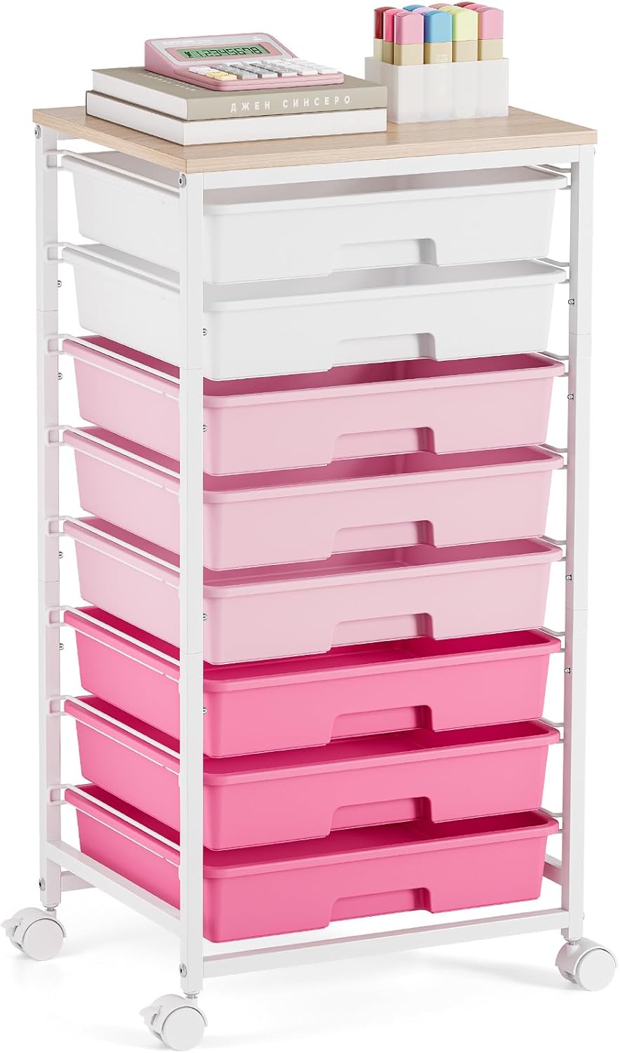 Rolling Cart with Drawers - Pink Storage Cart with 8 Plastic Drawers & Wooden Tabletop | Ideal for Crafts & Teachers