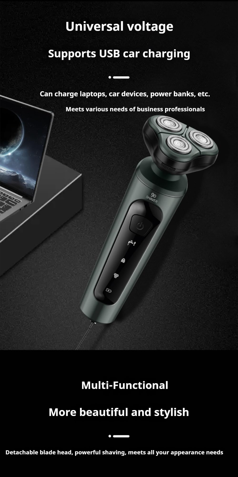 TIBOING 4-in-1 Electric Shaver for Men — Rechargeable, Equipped with Trimmer, Facial Cleansing Brush & Nose Hair Cutter, Full-Body Washable, Rotary 3-Blade System, 90 Minutes of Runtime