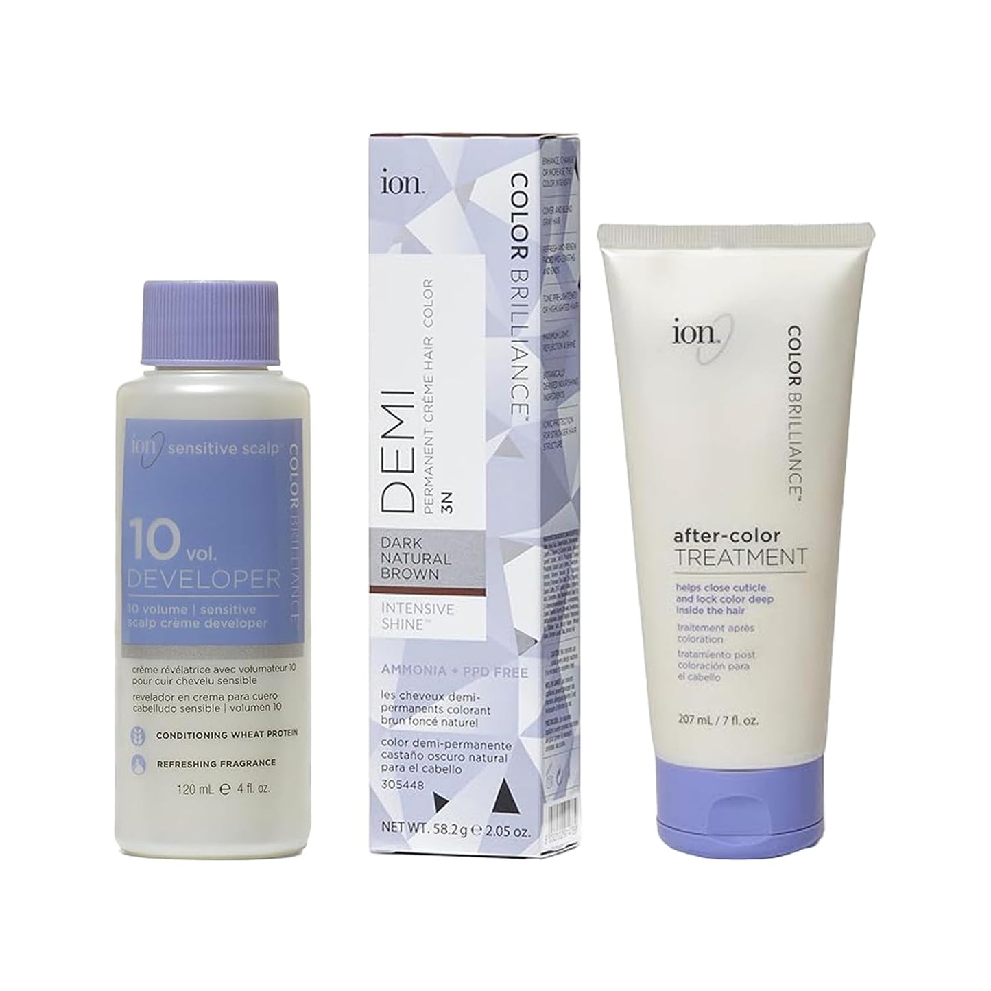 Ion Intensive Shine Demi Permanent Hair Color Kit - 3N Dark Natural Brown | Sensitive Scalp Developer & After Color Treatment