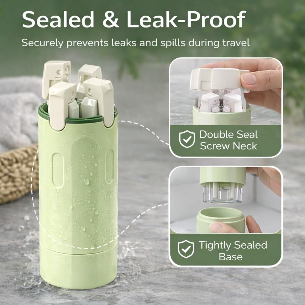 Travel Bottles for Toiletries - 4-in-1 Leak-Proof Pump Dispenser | Compact No-Spill Containers (Green)