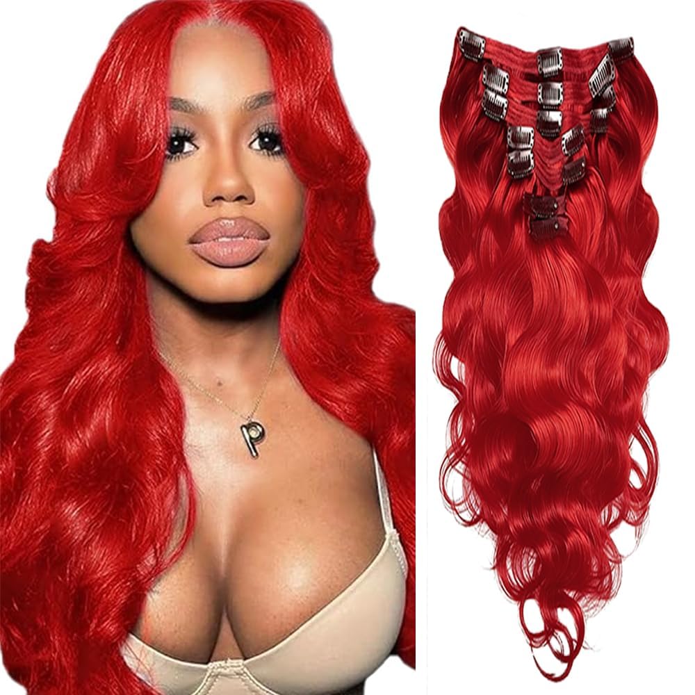Red Clip in Hair Extensions Real Human Hair, 20 Inch 120g/7Pcs,Full Shine Remy Human Hair,Wine Red Long Wave Clip ins Brazilian Virgin Human Hair Extensions