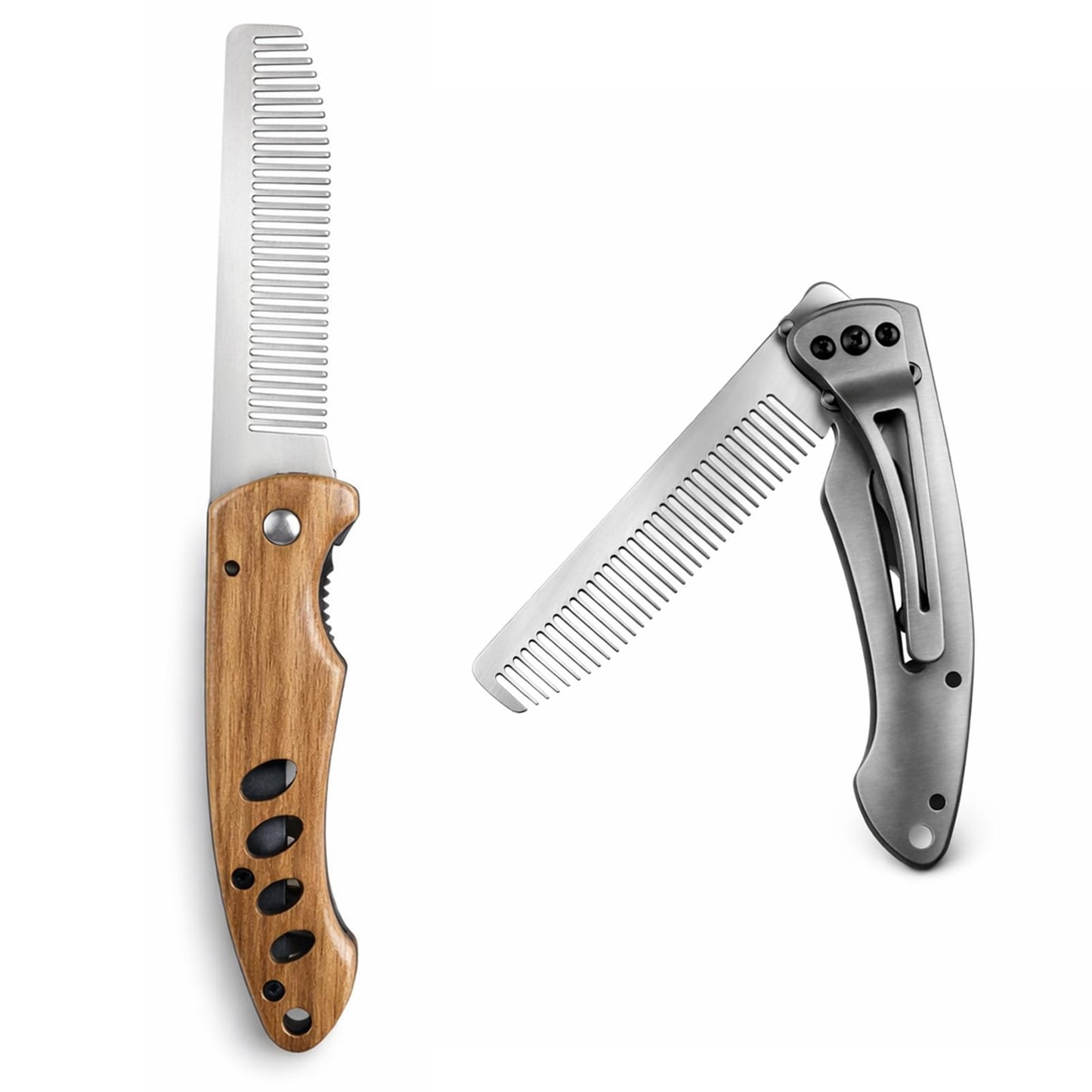 Qianyu Stainless Steel Folding Comb Small Folding Pocket Beard Metal Grooming Tool with Wooden Handle Portable Multifunction Hair Comb Mustache Combs Fits In Keychain for Men Outdoor Travel Home Use