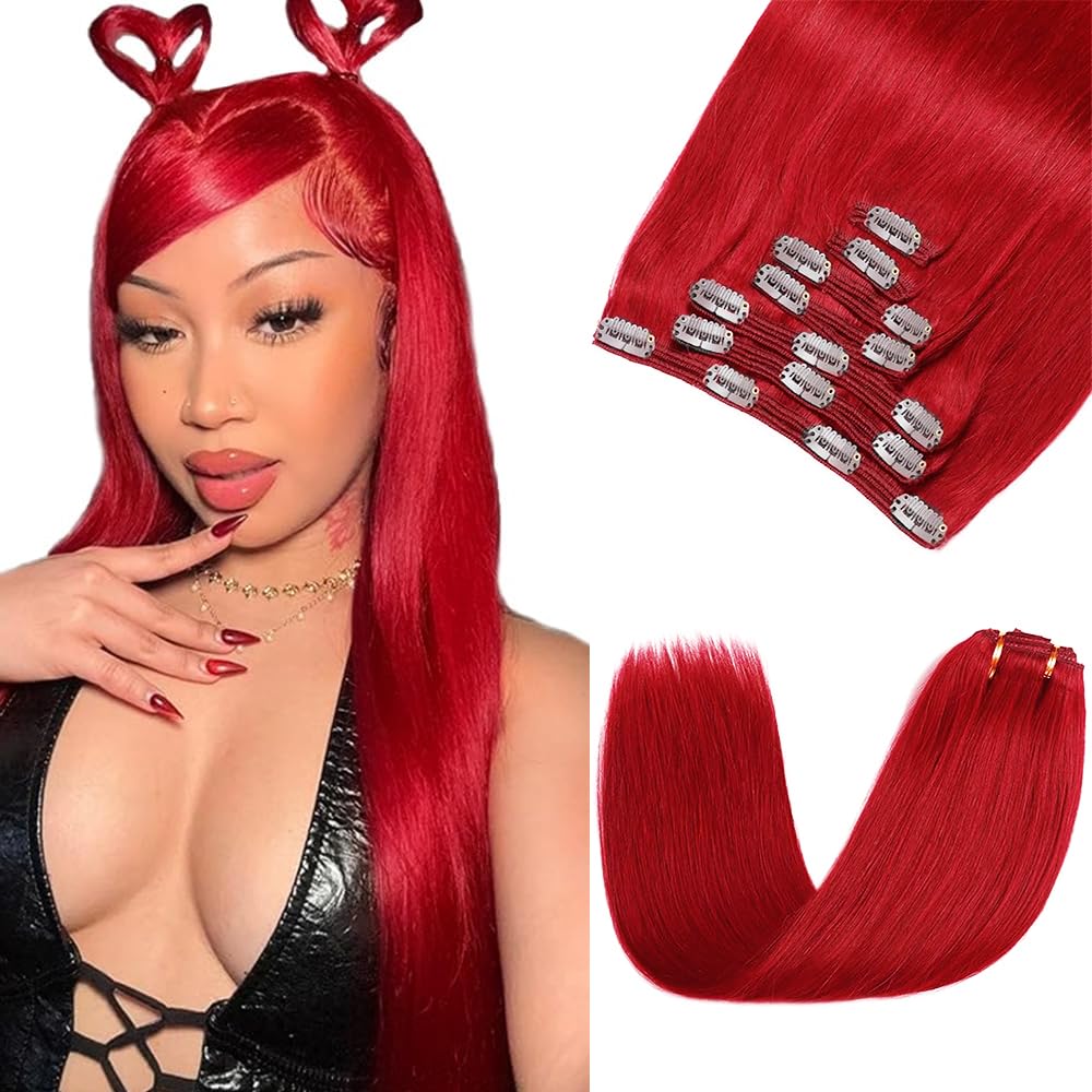 Red Clip in Hair Extensions Real Human Hair,30 Inch 120g/7Pcs,Full Shine Bright Red Hair,Wine Red Straight Clip ins Brazilian Virgin Human Hair Extensions