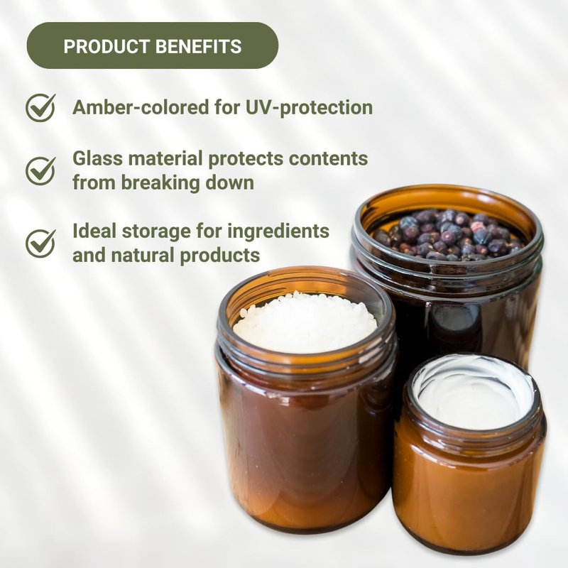 Glass Amber 2oz Jar - Lead-Free Round Jars for Beauty Products | Black Lid, Ideal for Lotions & Powders
