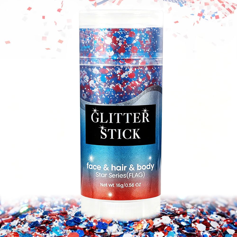4th of July Glitter Stick, 2026 New Patriotic Red White and Blue Face Hair Body Glitter Stick, 4th of July Accessories Sparkling Glitter Makeup for Fourth of July Outfit Independence Memorial Day (1)