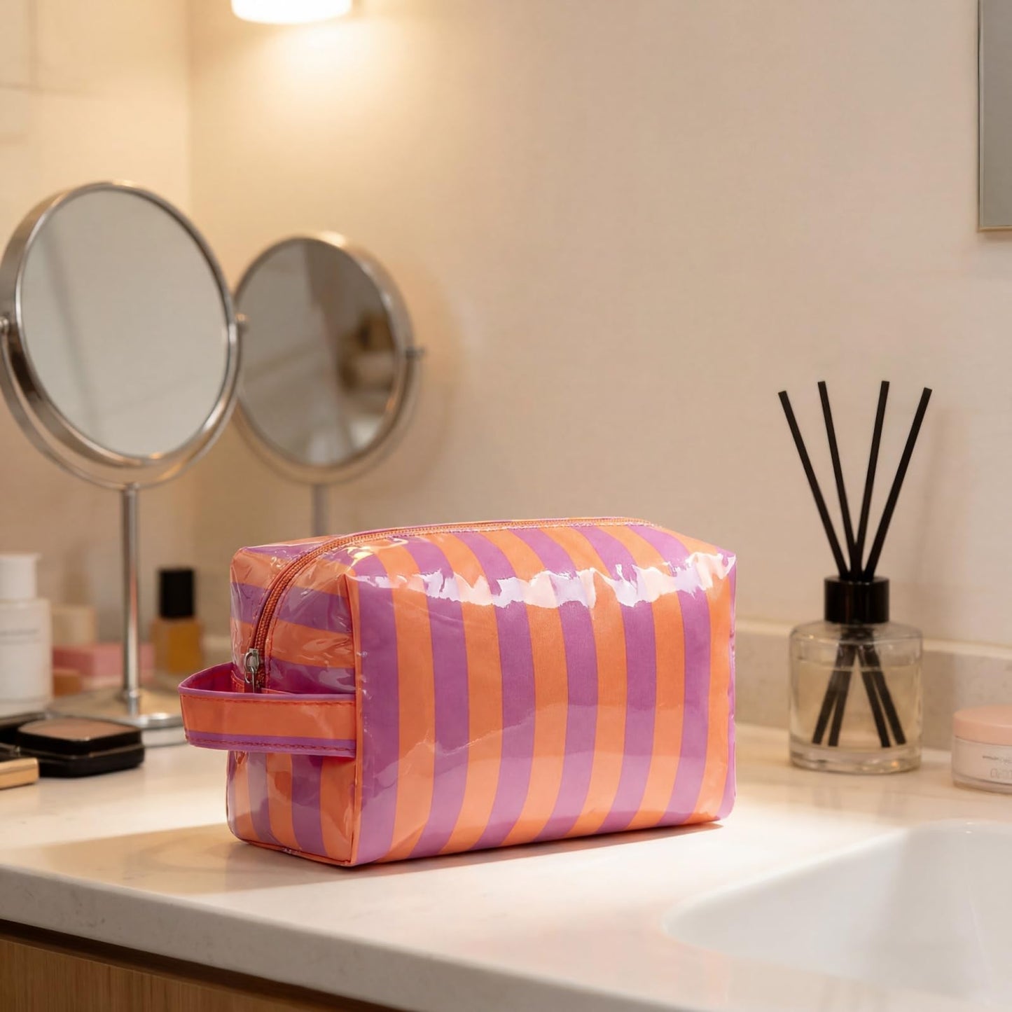 Lestikave PVC Striped Makeup Bag,Easy to Clean,Waterproof Clear Coated Cosmetic Bag,Cute Travel Organizer Zipper Pouch for Beach Vacation Essentials(03Orange)