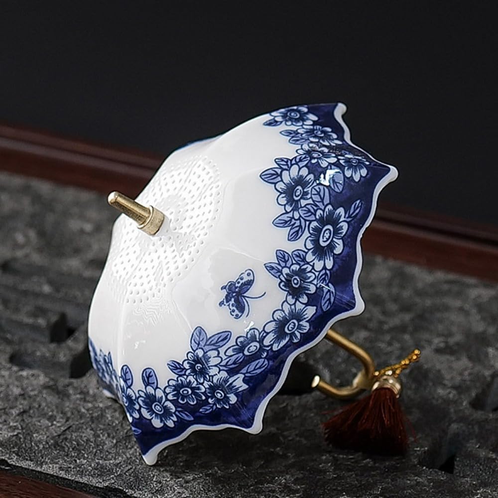 Ceramic Umbrella Tea Strainer with Tassel Chinese Traditional Style Tea Infuser, Ceremony Accessories with Tassel(Blue Flower)