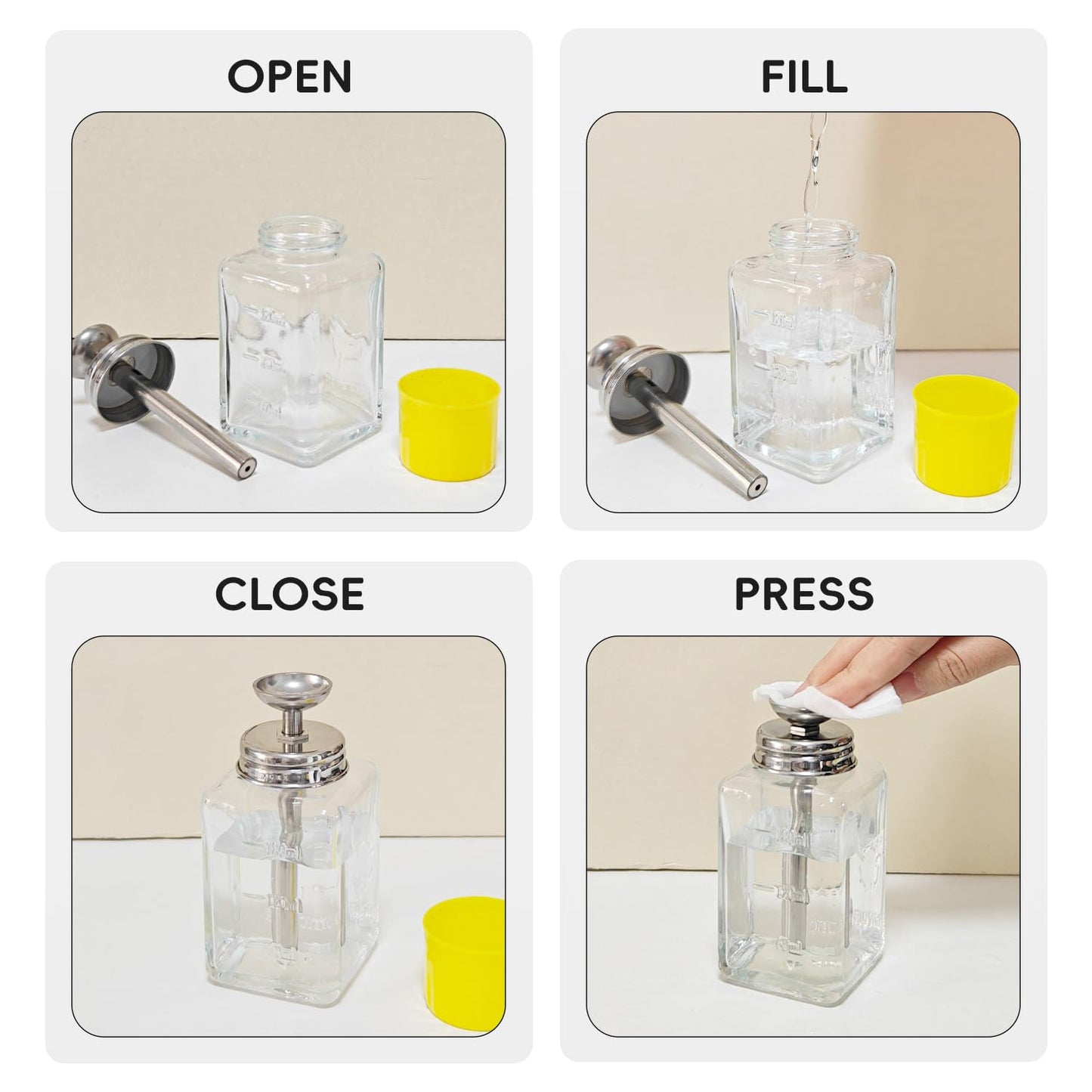 ffresiss 6oz / 180ml Glass Dispenser, Push Down Acetone Pump Alcohol Dispenser with Metal Cover, Nail Polish Remover Liquid Pump Square Bottle Hand Pumping Rubbing Press Container