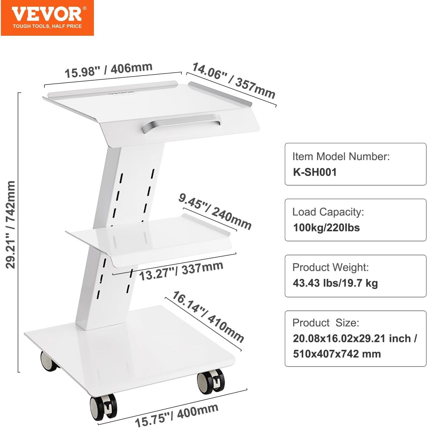 VEVOR Rolling Esthetician Cart - 3-Tier Metal Medical Trolley with Swivel Wheels | 220 lbs Capacity, Mobile Ultrasonic Tray for Beauty & Clinic