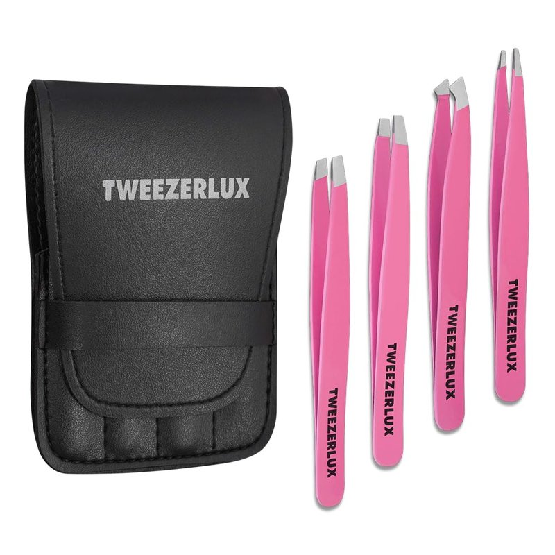 TWEEZERLUX Tweezers Set - Professional Stainless Steel Tweezers for Eyebrows - Great Precision for Facial Hair, Splinter and Ingrown Hair Removal (PINK)