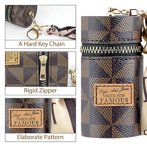 Adorila Brown Vegan Leather Lipstick Keychain with Scarf Charm - Compact Makeup Organizer