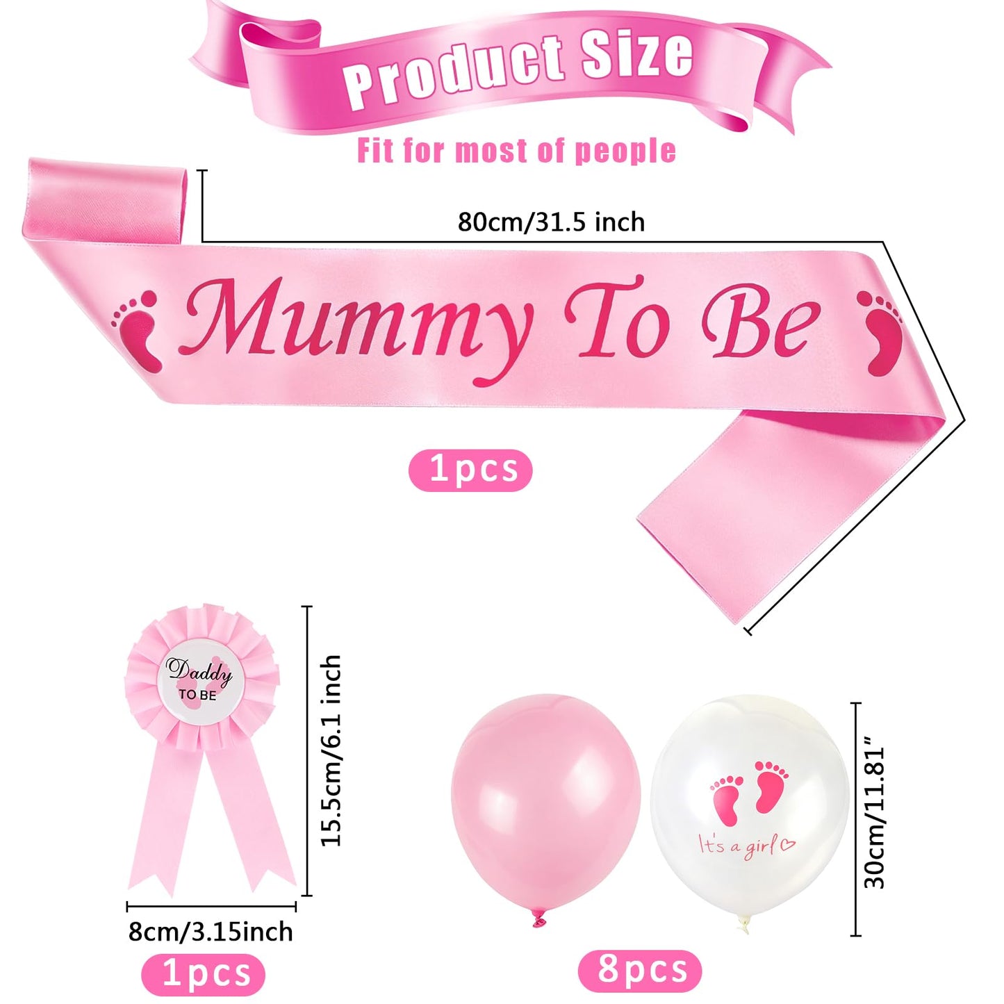 BRIOYHA Mommy to Be Sash and Daddy to Be Badge Set, Pink Baby Shower Decorations with Latex Balloons, Gender Reveal Party Favors Accessories