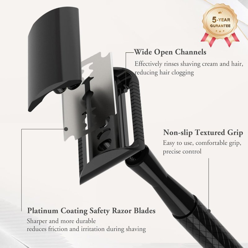 THURLADY Matte Black Safety Razor, Single Blade Razors for Men, Reusable Metal Razor, with 5 Stainless Steel Double Edge Blades, Smooth Close Shave, Sustainable, Plastic Free