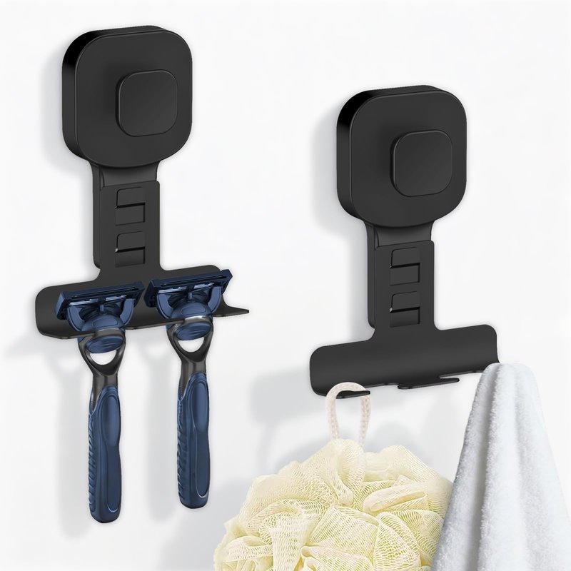 BKV Suction Cup Razor Holder for Shower,Reusable Shaver Holder for Shower,Stainless Steel Bathroom Suction Hooks for Towel,Loofah,Shaver,Damage Free Install & Remove-Black(2 Pack)