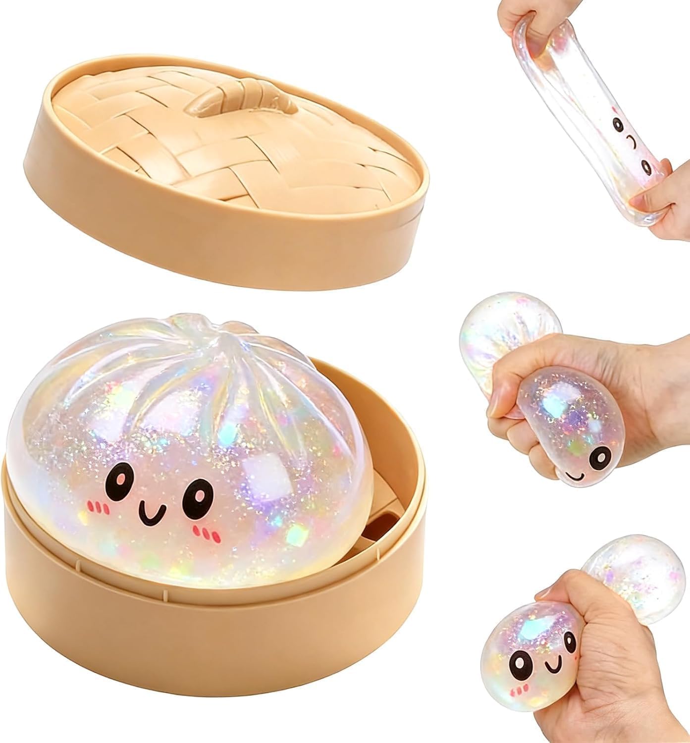 Glitter Dumpling Squishy - Soft Stress Relief Fidget Toy | Mini Food Steamer Design, White