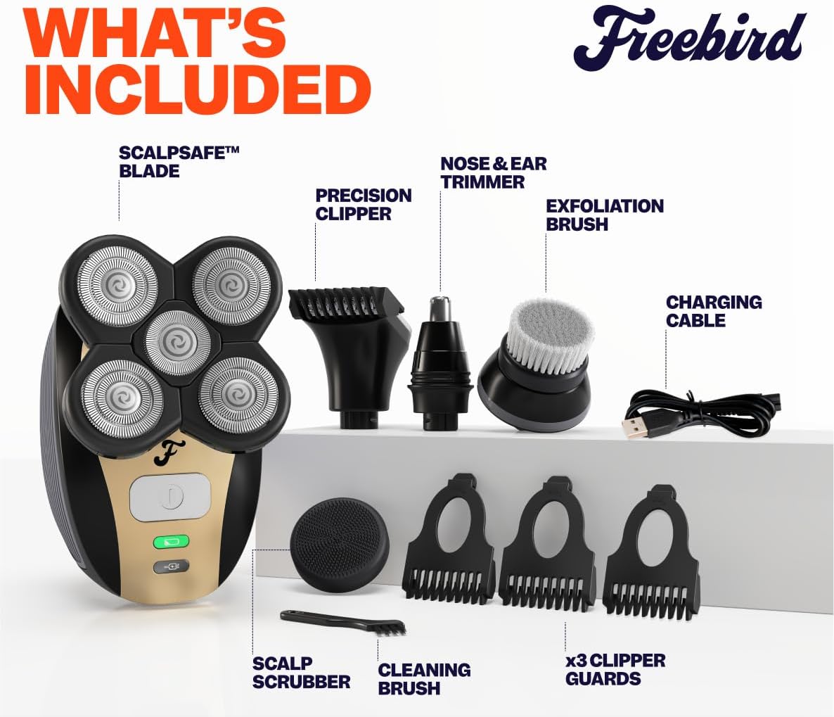 Electric Head & Body Hair Shaver - Cordless Rechargeable Wet/Dry Razor with Rotary Blades, Clippers & Trimmer | Waterproof Design
