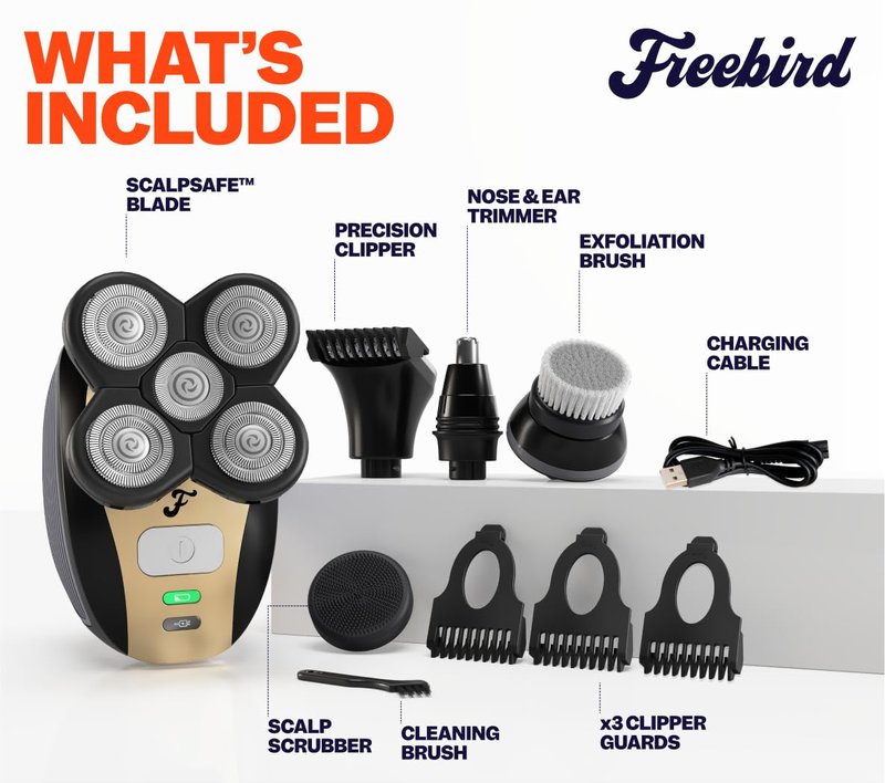 Freebird Electric Head & Body Hair Shaver - Mens Cordless Waterproof Razor with Rotary Blades (FlexSeries, Shaver Kit + Travel Case + Extra Blade)