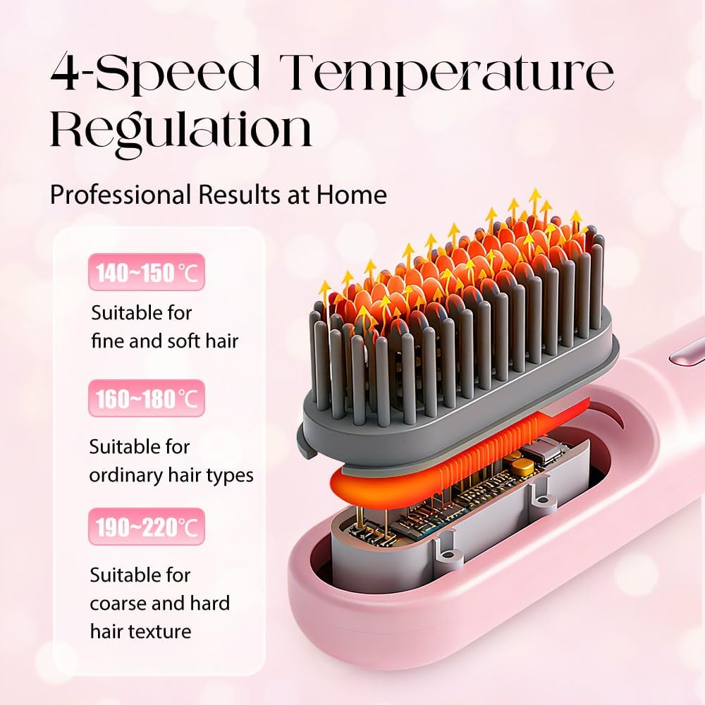 Go Brush Pro Cordless Hair Straightening Brush - Fast Heating Ceramic for Short & Long Hair | USB-C Rechargeable, Portable, Black