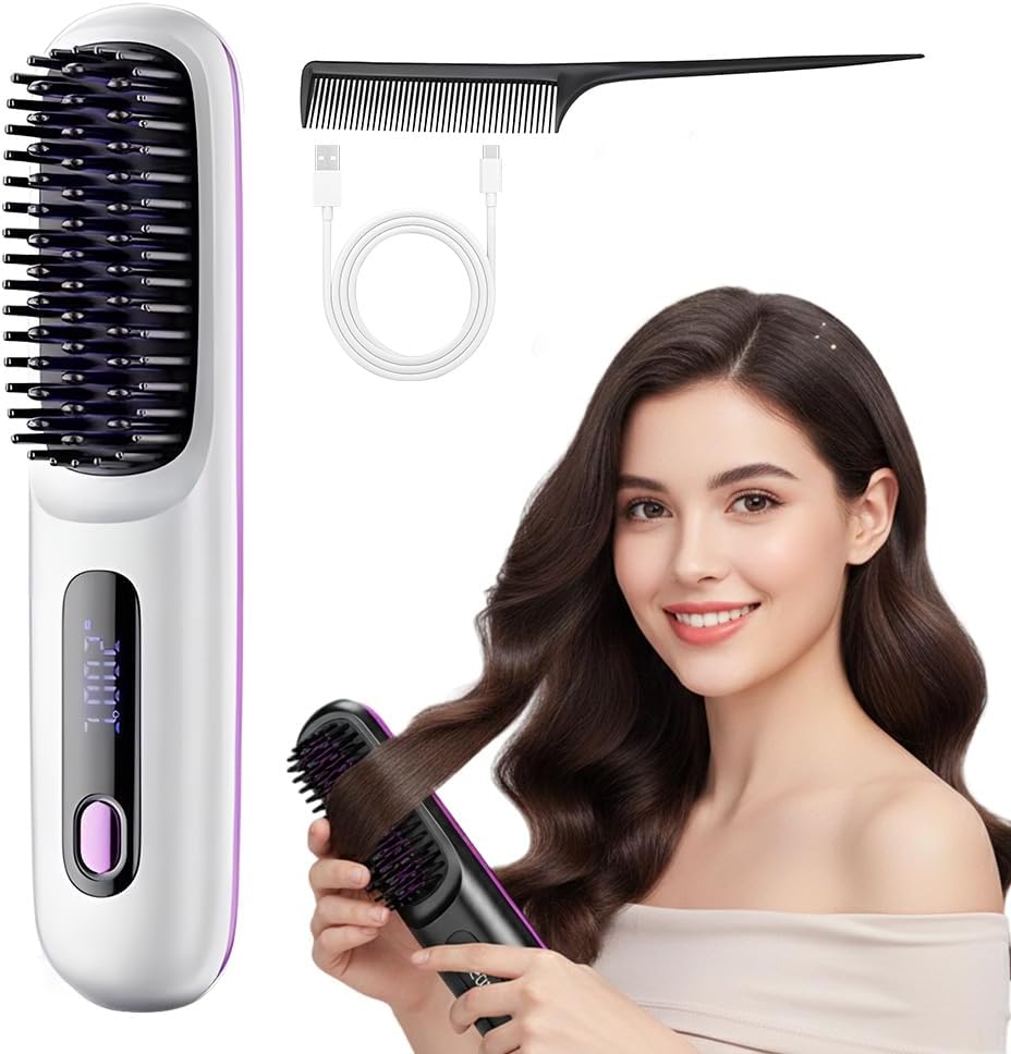 Cordless Straightening Brush for Short Hair - 2026 Upgraded Ionic & Ceramic Design with Fast Heat, 3 Temp Settings | USB-C Rechargeable (Blue)