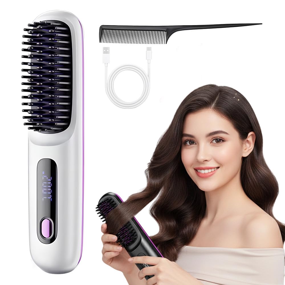 Go Brush Pro for Short Hair - 2026 Upgraded Cordless Straightening Brush with Fast Heat, 3 Temperature Settings, Ionic & Ceramic Care, 2000mAh USB-C Rechargeable for Frizz-Free Styling (White)
