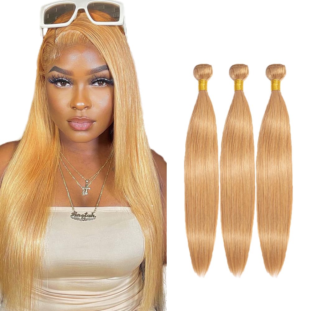 #27 Honey Blonde Bundles Human Hair Straight Bundles 30 32 34 Inch 3 Bundles Brazilian Remy Hair 50 Grams/Bundle Unprocessed Virgin Hairs Blonde Straight Bundle Weaves Extensions